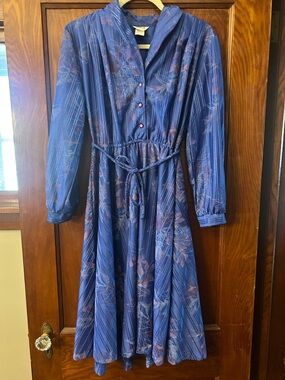 Vintage 80's Montgomery Ward Blue Floral Long Sleeve Midi Dress Size 14